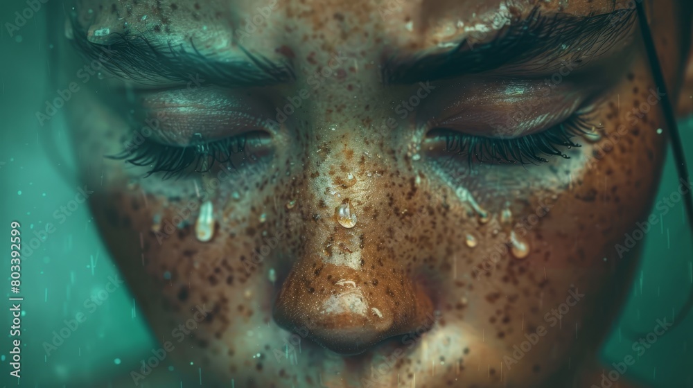   A tight shot of a woman's freckled face, dotted with droplets of water, her eyes gently shut
