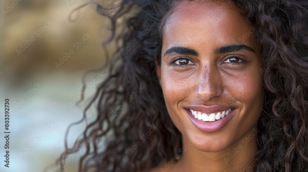   A tight shot of a woman with curls smiling directly into the camera, showcasing a radiant toothy grin