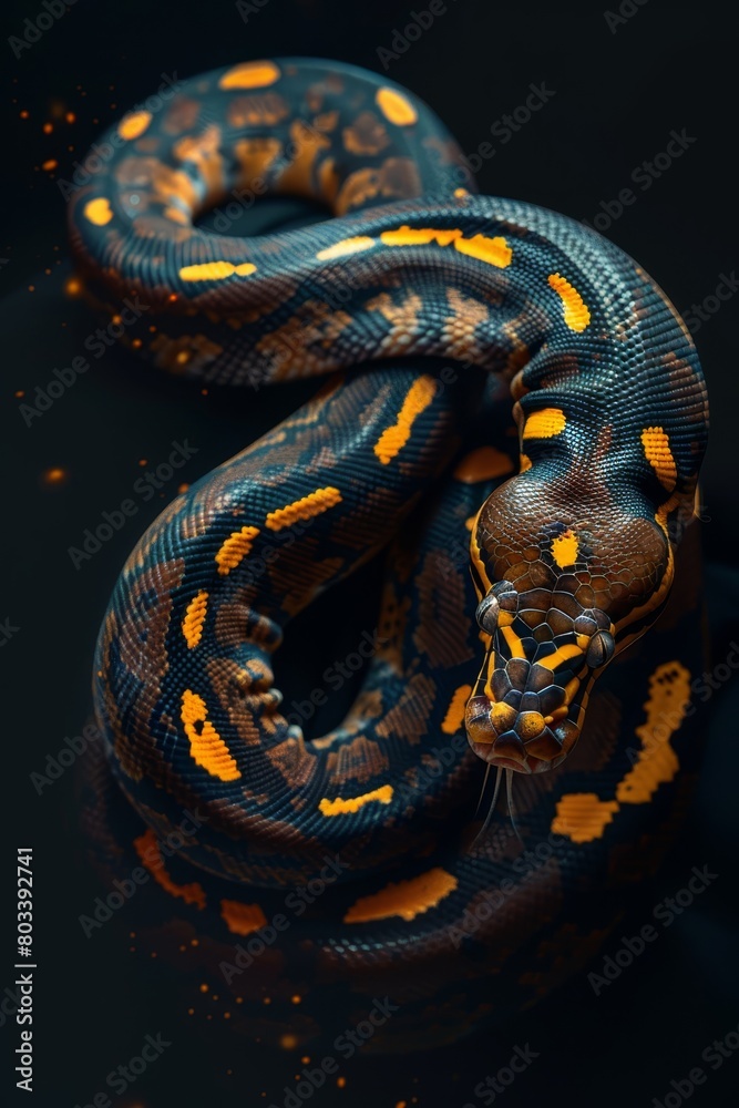 A blue-and-yellow snake with yellow spots on its head and neck sits on ...