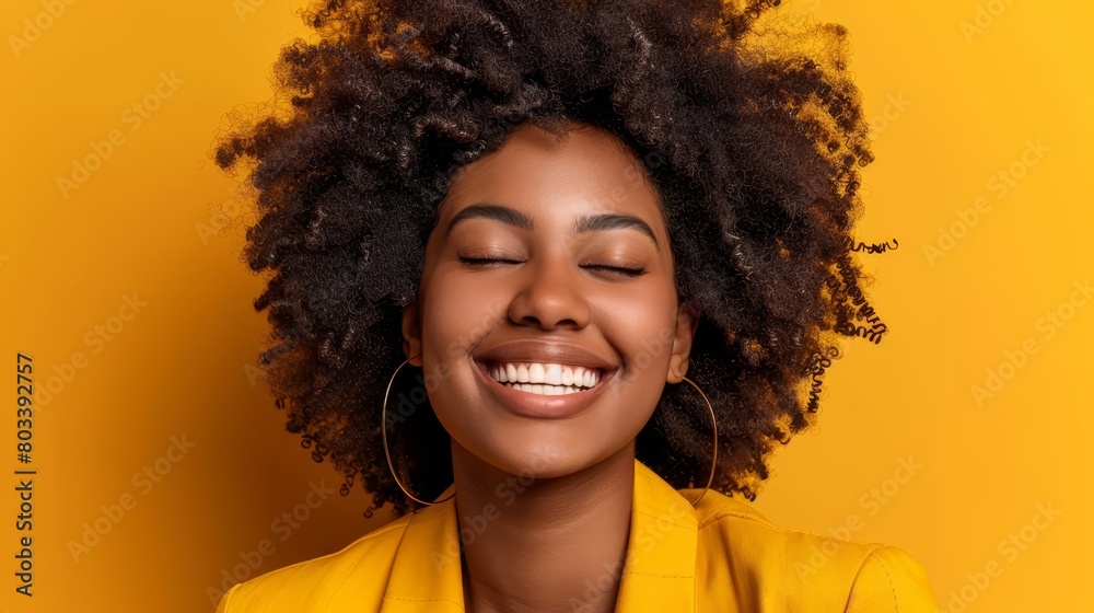 A tight shot of a person in a yellow shirt and golden hoop earrings against a yellow backdrop A tight shot of a person in a yellow shirt and golden hoop earrings against a yellow backdrop