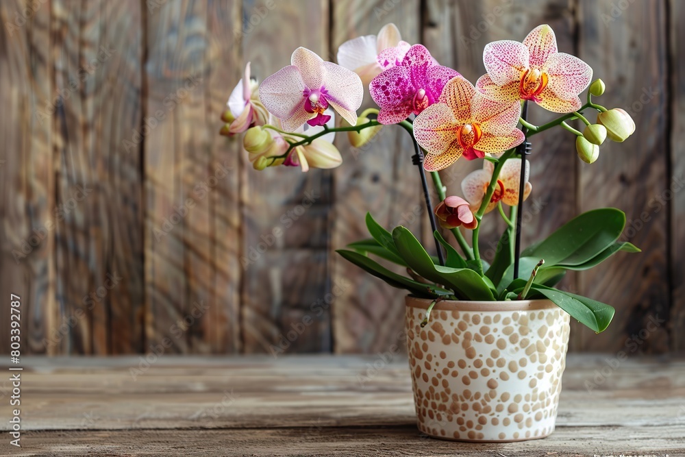 Fresh orchid flowers in pot on wooden background