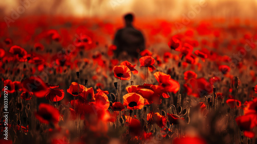 Silhouette of a soldier standing in a field of vivid red poppies at sunset  veterans day.  Dramatic landscape photography. Remembrance and peace concept. Design for poster  banner  and memorial day.