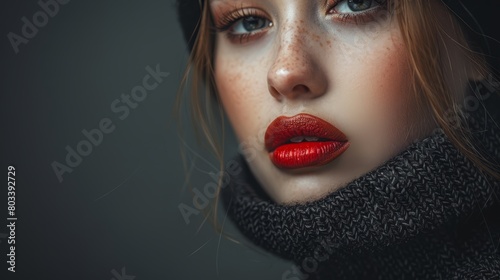   A woman s face  tightly framed Scarf encircling her neck Red lipstick accentuating her lips