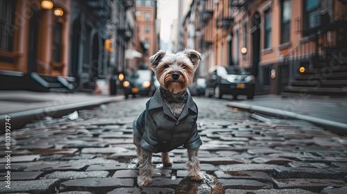 a Teddy dog dressed in dapper clothes and pants, complete with shoes, standing upright on a busy city street, posing proudly for a full-body photo from the front. photo