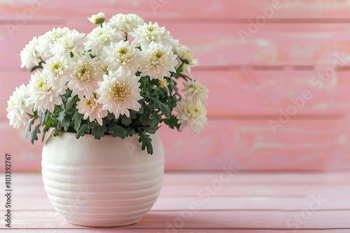 Fresh chrysanthemum flowers in pot on wooden background