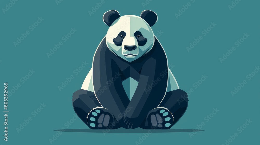 A panda sitting on the ground with crossed legs and a turned head, against a blue backdrop A panda sitting on the ground with crossed legs and a turned head, against a blue backdrop