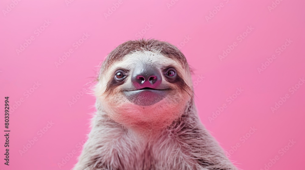 Obraz premium A tight shot of a baby sloth against a pink backdrop, its tongue extending and eyes widened