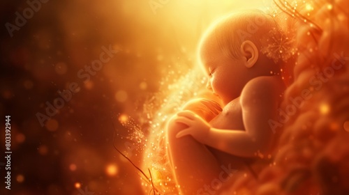 A serene illustration of a small unborn baby sleeping in the mothers belly  surrounded by a warm  soft glow  emphasizing the miracle of life