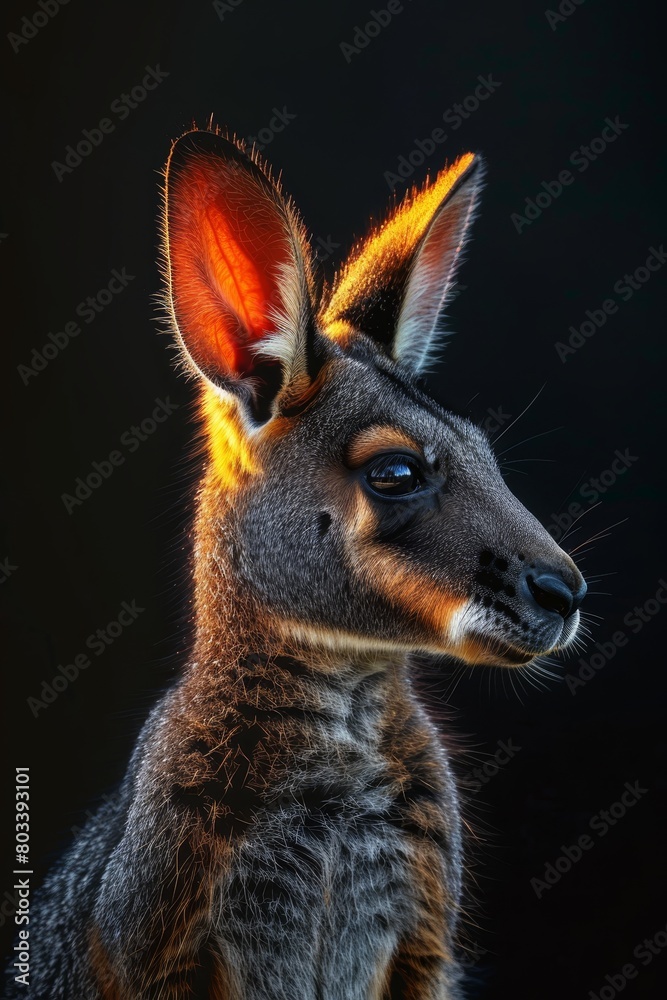 A tight shot of a small kangaroo against a black backdrop, illuminated from behind A tight shot of a small kangaroo against a black backdrop, illuminated from behind