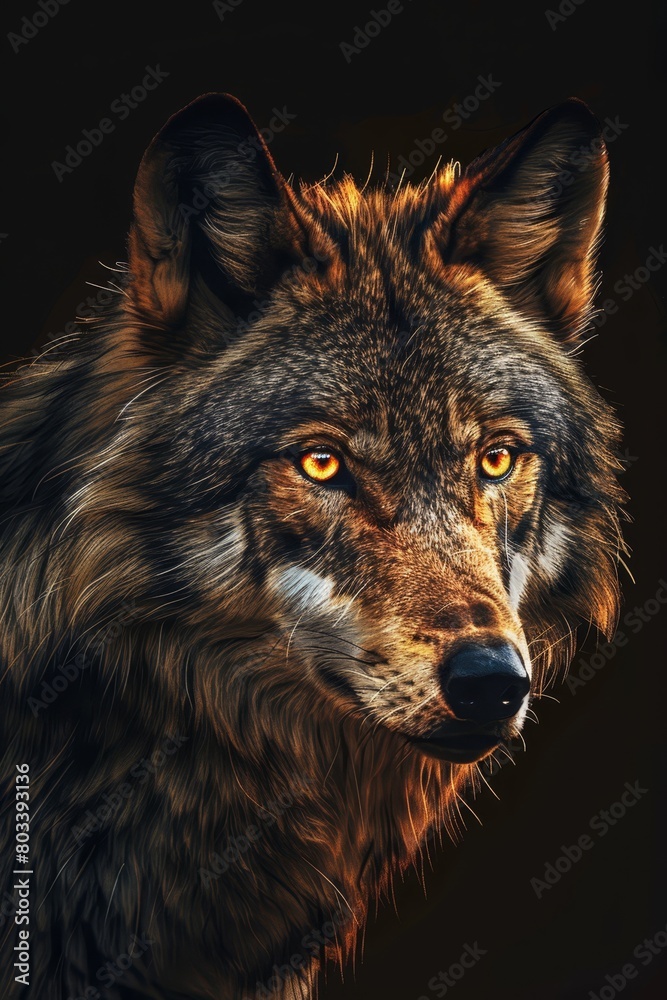   A wolf's face in close-up, intense gaze, yellow eyes