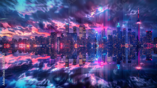 Toronto skyline reflected in a lake. Futuristic cityscape with vibrant pink and blue neon lights reflecting on water. Cyberpunk urban skyline at night. Science fiction and future city concept. 