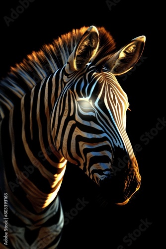  A tight shot of a zebra s head  stripes illuminated by shining light