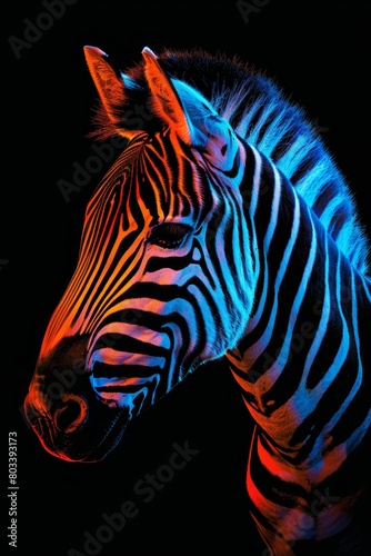   A tight shot of a zebra s head against a black backdrop  illuminated by individual red  blue  and green lights