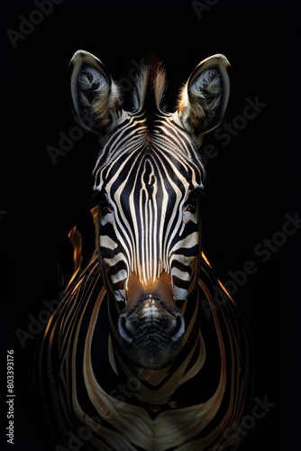   A tight shot of a zebra's head in darkness, illuminated by a light on its face
