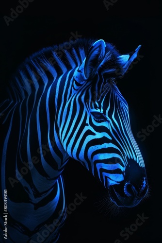   A tight shot of a zebra s head facing left  illuminated by a blue light on its side against a black backdrop
