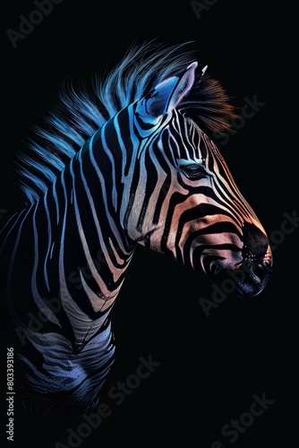   A zebra s head in tight focus against a black backdrop  illuminated by blue light emanating from its eyes