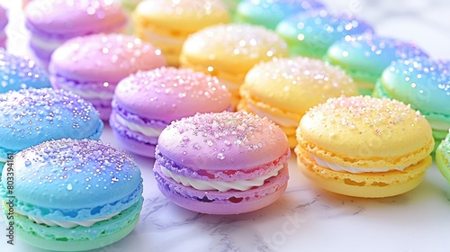 macarons arranged in a spectrum of colors, glistening on a luxurious marble surface under soft natural light.