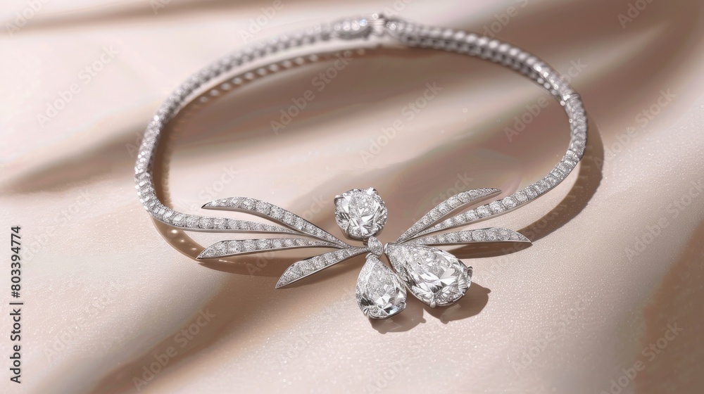 a white gold necklace, enhanced by three dazzling 18-carat diamonds, in a photorealistic image highlighting every facet and detail.