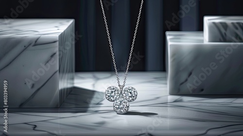 a white gold necklace, enhanced by three dazzling 18-carat diamonds, in a photorealistic image highlighting every facet and detail. photo