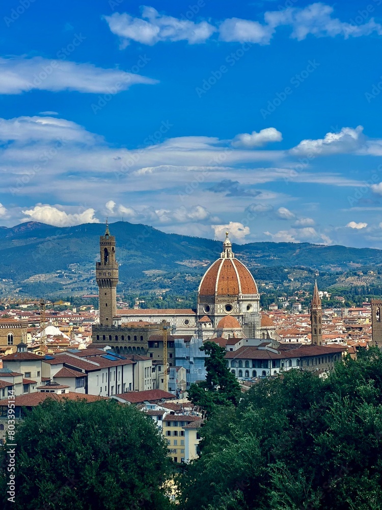 Fototapeta premium The majestic view of the Duomo in Florence, Italy, where the iconic cathedral's Renaissance architecture and towering dome dominate the cityscape, symbolizing the rich cultural heritage and artistic l