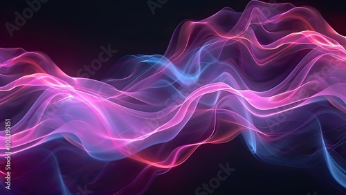 Abstract Art: Pink, Purple, and Blue Waves with Glowing Smoke on Black Background. Concept Abstract Art, Pink Waves, Purple Waves, Blue Waves, Glowing Smoke, Black Background