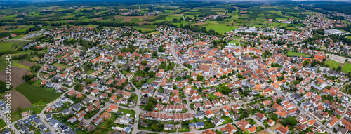 Aerial view of the old town Geisenfeld in Germany on a cloudy day in Spring