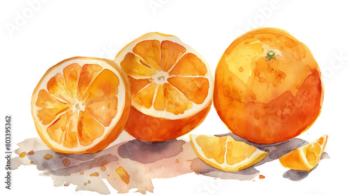 Watercolor painting of fresh oranges  both whole and sliced  depicted with vibrant  translucent colors and artistic splashes.