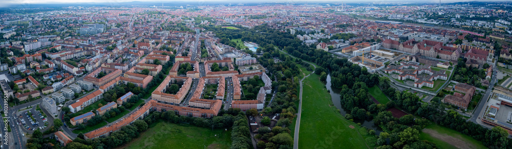 Aerial view of the city Nürnberg in Germany on a cloudy day in Spring