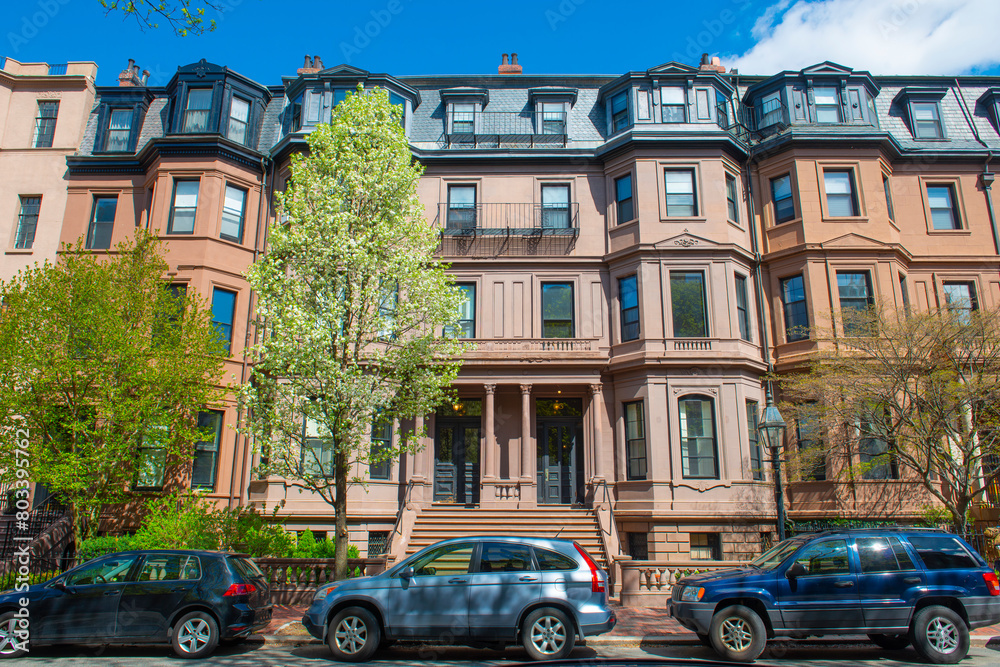 Historic residential townhouses at 25 and 27 Marlborough Street between Berkeley Street and Arlington Street in Back Bay district, city of Boston, Massachusetts MA, USA. 