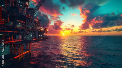 Closeup photo of an offshore drilling platform at sunset, detailed exposure of the machinery and vibrant skies, blending industry and nature photo