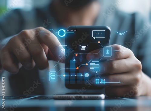 Businessman using smartphone with digital icons representing business growth, marketing and online connection on a blurry background