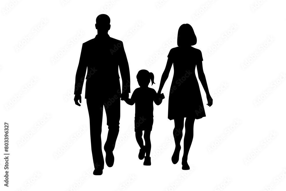 Husband, wife and kid walking silhouette in black color