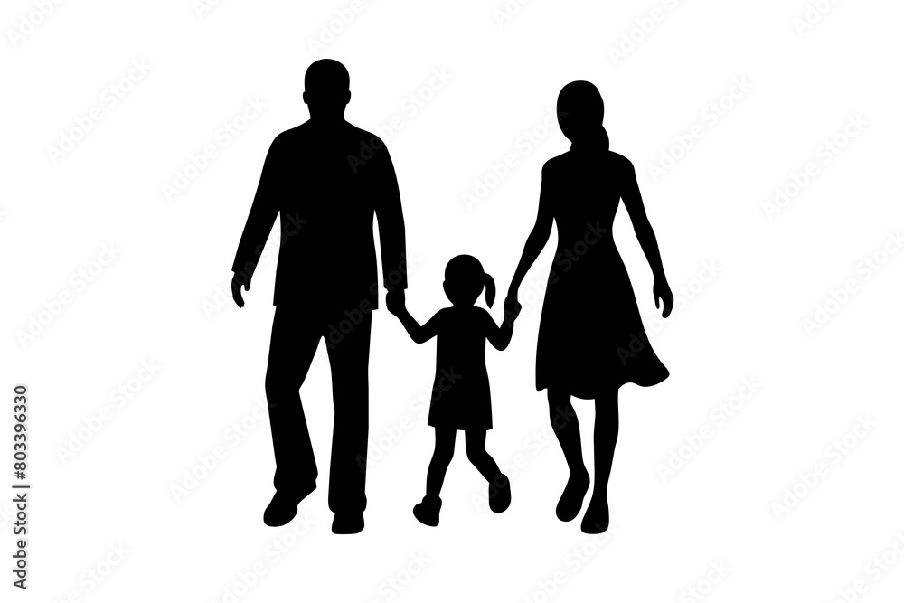 Husband, wife and kid walking silhouette in black color