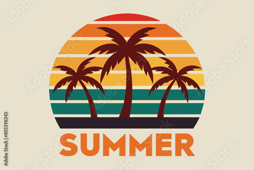 Retro vintage style sunset, text "Summer " 3 palm tree, sea beach, sunset, Adobe Illustrator illustration, 16k, T-shirt design, T-shirt graphic, retro vintage style half circle., illustration, white