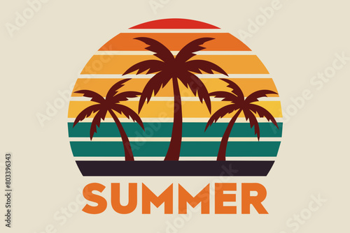 Retro vintage style sunset, text "Summer " 3 palm tree, sea beach, sunset,  Adobe Illustrator illustration, 16k, T-shirt design,  T-shirt graphic, retro vintage style half circle., illustration, white