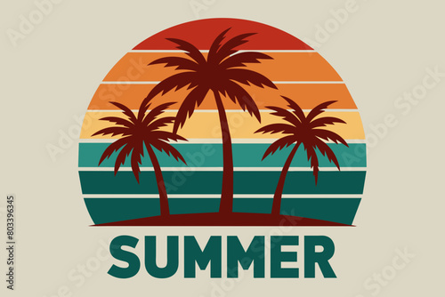 Wallpaper Mural Retro vintage style sunset, text "Summer " 3 palm tree, sea beach, sunset,  Adobe Illustrator illustration, 16k, T-shirt design,  T-shirt graphic, retro vintage style half circle., illustration, white Torontodigital.ca