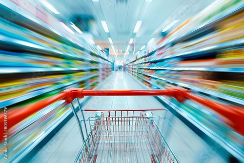  a shopping cart in the foreground, captured from an over-the-shoulder perspective. Blurred shelves of products on either side create depth 