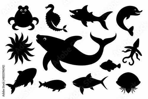 A Set of 20 pcs Sea Life black Silhouette Design with white Background and Vector Illustration