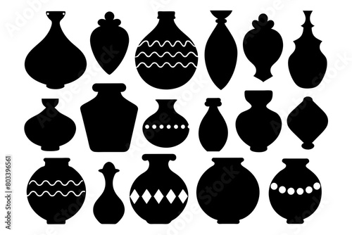A Set of 27pcs ceramic boohoo vases black Silhouette Design with white Background and Vector Illustration
