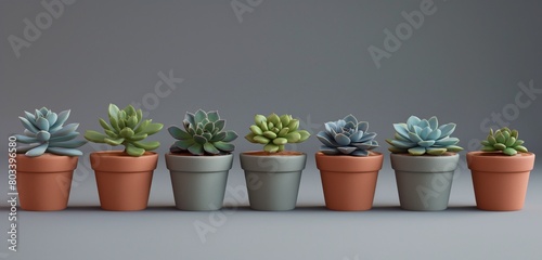 A series of small, potted succulents, each with unique shapes and shades of green, arranged in a neat row against a minimalist, battleship gray background.