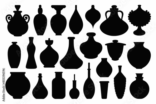 A Set of 27pcs ceramic boohoo vases black Silhouette Design with white Background and Vector Illustration