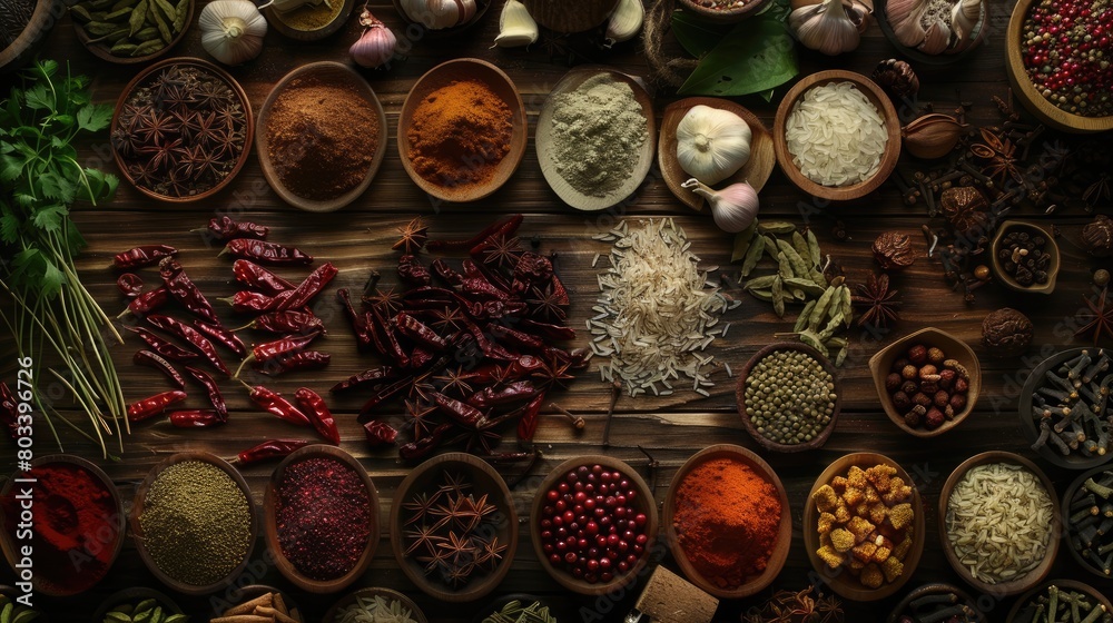 Indian recipes, showcasing vibrant spices, aromatic rice, and mouthwatering dishes arranged on a rustic wooden table.