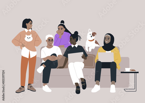 A diverse assembly of young women gathered together on a sofa, engaging in animated discussions about a project they are collaboratively working on