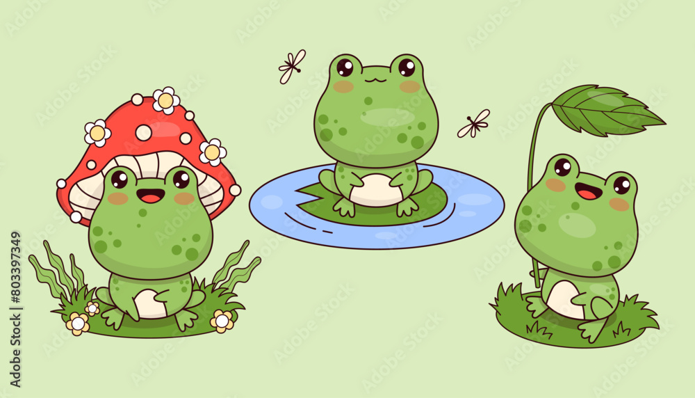 Fototapeta premium Cute frog amanita mushroom, in swamp and under leaf. Isolated funny animal kawaii character. Vector illustration. Kids collection.