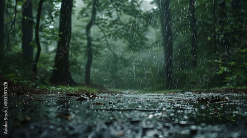 Heavy downpour, forest scene, rain blurring trees, wide angle, dark moody lighting, soaked ground