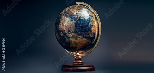 A beautifully crafted globe on a wooden stand, its detailed surface illuminated subtly, placed against a deep navy blue presentation background.
