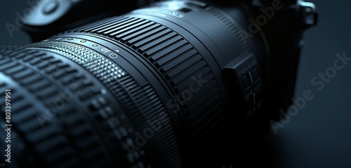 A close-up of a high-end, digital camera lens, its intricate details and textures showcased against a dark, matte black presentation background.
