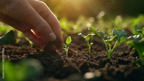 Human hands and the natural world of fingers gently pressing vegetable seeds into the soft