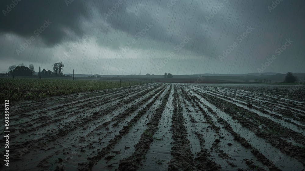 Obraz premium Massive rainfall, rural landscape, muddy fields, distant perspective, overcast sky, natural colors
