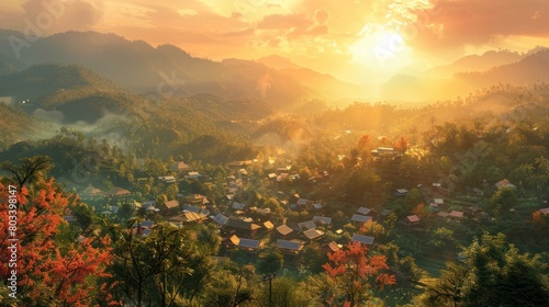 Vibrant D Rendered Sunlight Illuminating the Colorful Town of Pai in Warm Hues